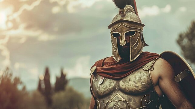 Spartan soldier on battlefield with helmet