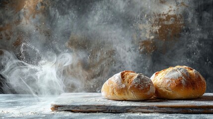 Two loaves of freshly baked ciabatta bread on a wooden board with flour and steam rising against a rustic backdrop, copy space - obrazy, fototapety, plakaty