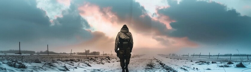 Soldier Walking on the Snowy Battlefield with Dramatic Sky Copy Space - obrazy, fototapety, plakaty