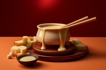 Refined fondue in a clay dish against a painted gypsum board background