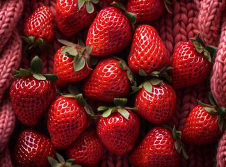 Knitted fabric with a strawberry pattern - obrazy, fototapety, plakaty
