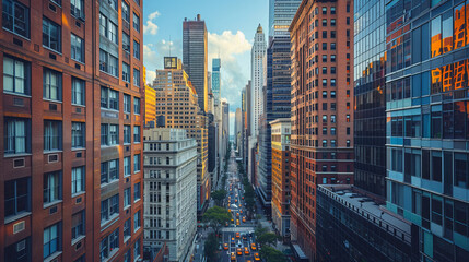 High angle view of a bustling New York street with yellow taxis among tall urban buildings. - obrazy, fototapety, plakaty