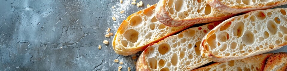 Close-up of fresh ciabatta bread slices on a textured grey background, showcasing the airy crumb structure with copy space - obrazy, fototapety, plakaty