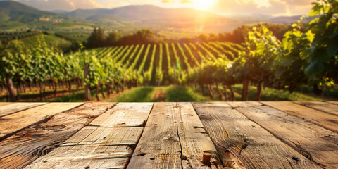 Wood table top on blurred vineyard landscape background