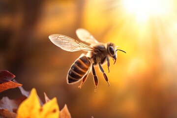 Detailed close-up of a bee flying with sharp focus on beautiful wings in natural environment - obrazy, fototapety, plakaty