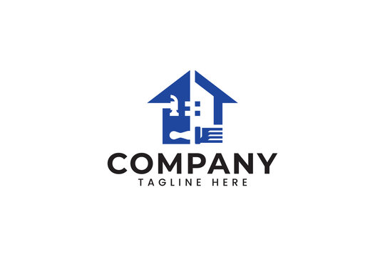 home with hammer and paint brush logo design for house maintenance repair service company business