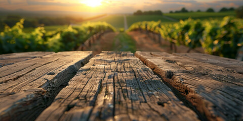 Wood table top on blurred vineyard landscape background