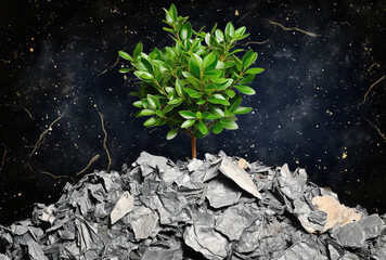 Tree is growing from the garbage dump, trash pollution environment concept