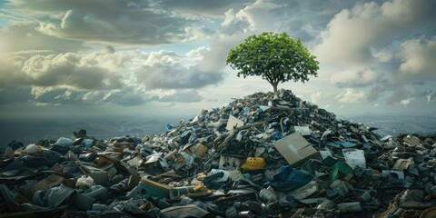 Tree is growing from the garbage dump, trash pollution environment concept - obrazy, fototapety, plakaty