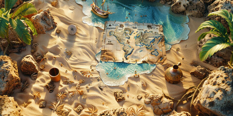Aerial view of isolated island with map and boat on sandy beach surrounded by crystal clear waters