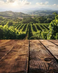 Foto auf Glas Wood table top on blurred vineyard landscape background © Ricardo Costa