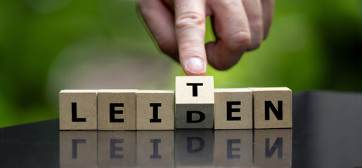 Hand turns wooden cube and changes the German word 'leiden' (suffer) to 'leiten' (lead). - obrazy, fototapety, plakaty