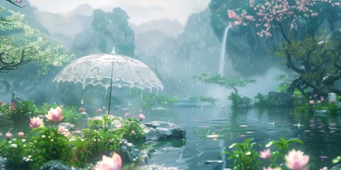 Crystal Clear Umbrella Spring Background, it is raining, there are spring flowers and bright green plants and there are mountains in the distance created with Generative AI Technology