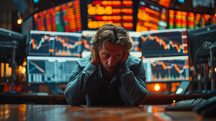 A stressed stock trader surrounded by plunging stock charts on computer monitors, conveying disappointment.generative ai - obrazy, fototapety, plakaty