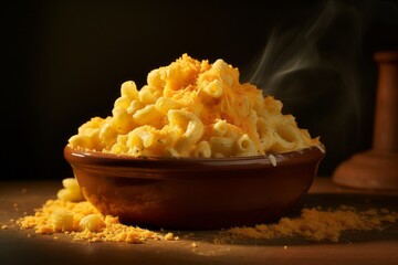 Exquisite macaroni and cheese in a clay dish against a painted gypsum board background