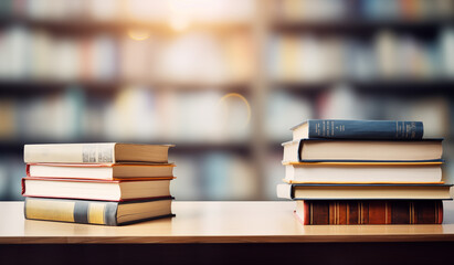 Stacks of books on a table in a library with blurred bookshelves in the background