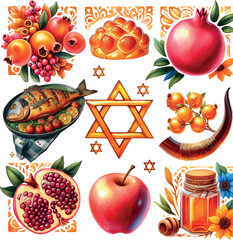 AdobA set of traditional products for the holiday of Rosh Hashanah. square format for congratulations on social networks. . Fish, pomegranate, apple, challah, honey, shafar, star e Illustrator Artwork