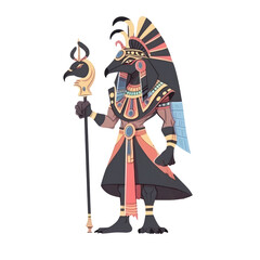 An illustration of Khepri holding a staff with a black bird's head