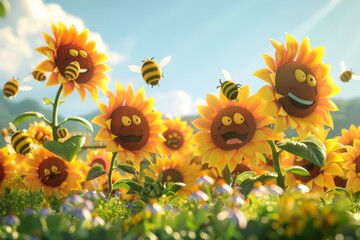 A 3D illustration of a sunflower farm with smiling sunflowers and bees, creating a joyful and sunny summer backdrop