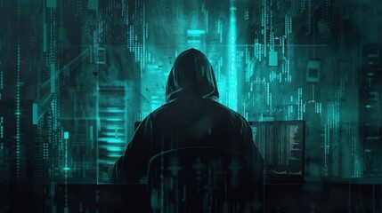 A shadowy figure in a hoodie is backlit by a computer screen displaying complex codes and data in a cyberpunk style setup