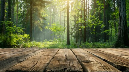 Wooden table with a forest background - obrazy, fototapety, plakaty