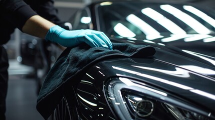 Persons hand polishing the exterior of a black car with a microfiber cloth