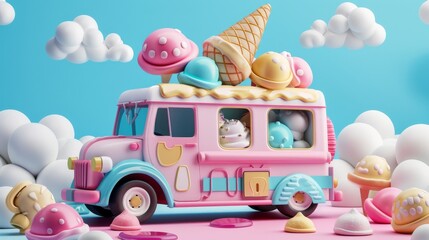 A 3D-rendered ice cream truck with oversized, colorful ice creams on top, bringing a fun and sweet summer feel