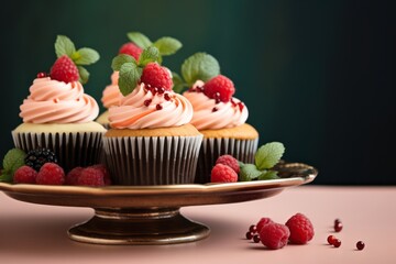 Exquisite cupcakes on a porcelain platter against a painted gypsum board background