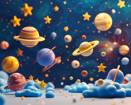 A 3D-rendered space scene with cartoon planets and stars, offering a whimsical and cute backdrop for ad copy