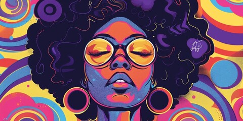 A 70s funk music record cover design, featuring groovy colors and patterns for a music-themed vintage banner