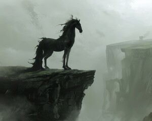 A Black Dragon Horse at the edge of a mystical cliff, overlooking a vast kingdom shrouded in mist and mystery - obrazy, fototapety, plakaty