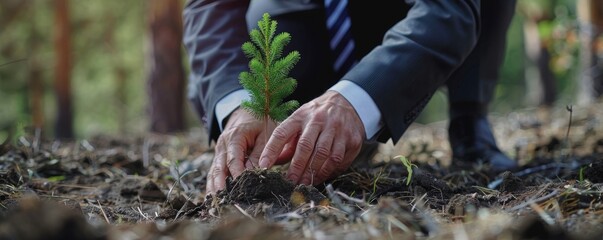 A business leader planting a tree in a deforested area, showing personal commitment to environmental restoration