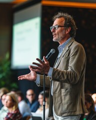 A business leader giving a speech at a sustainability conference, reflecting corporate leadership in environmental advocacy