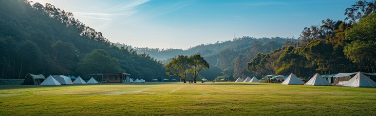 An outdoor meadow with white camping tents against a background of blue sky and green trees. - obrazy, fototapety, plakaty