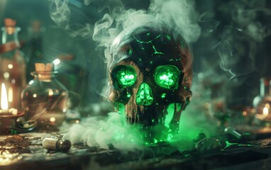 A close-up of a skull with green, glowing eyes, surrounded by vials of poisonous potion and creeping smoke in a gothic setting