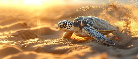Fotobehang Sea turtle navigating sandy dunes, survival theme, golden hour, panoramic view © HADAPI