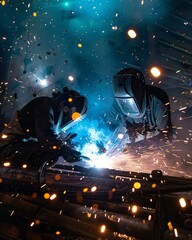 Workers welding in an industrial environment with sparks flying