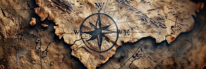 Fototapeta na wymiar A close-up of an aged, hand-drawn pirate map with a marked X, compass rose visible