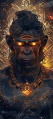 A close-up of Hanuman, with glowing eyes and mystical tattoos, set against a backdrop of ancient runes and starlight