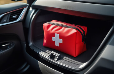 Red bag with white cross in car trunk Automotive design