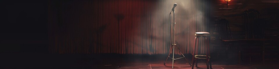 A comedy club scene with a microphone stand and stool under a spotlight, providing a simple yet effective background for comedy event banners - obrazy, fototapety, plakaty