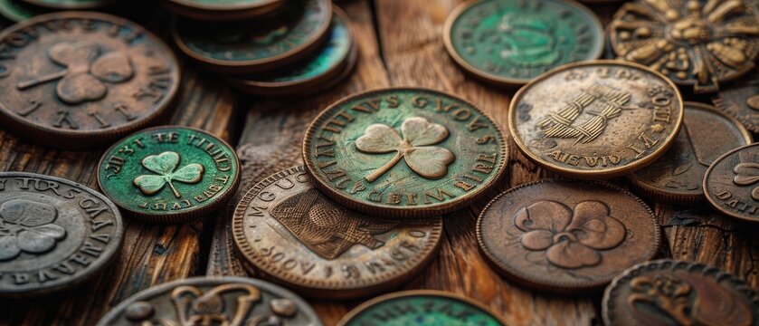 A collection of antique Irish coins and shamrock emblems, exhibited for Saint Patrick's Day