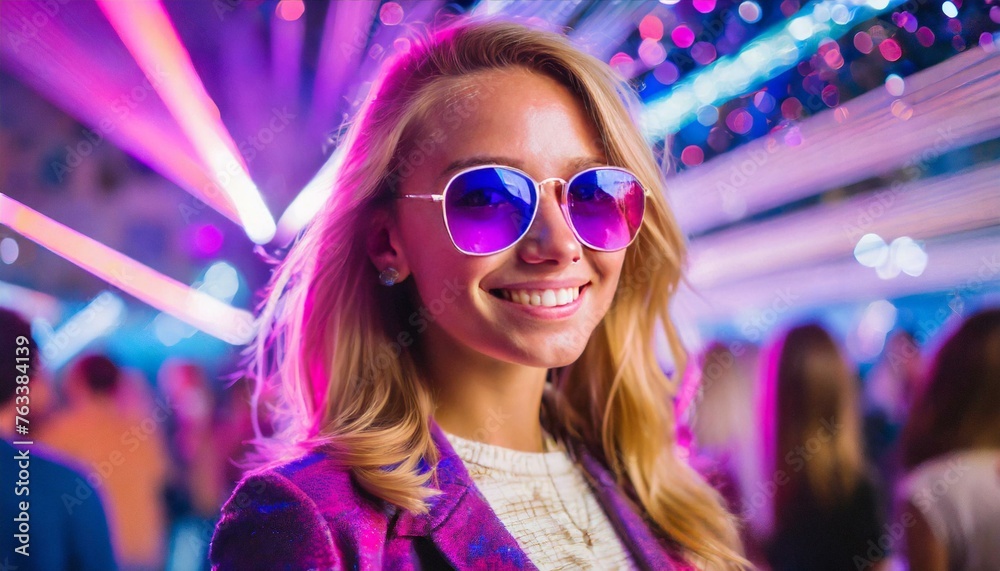 Wall mural Portrait of a happy girl in a night club with purple and pink spotlight wearing sunglasses. Young woman in a nightclub with laser lights