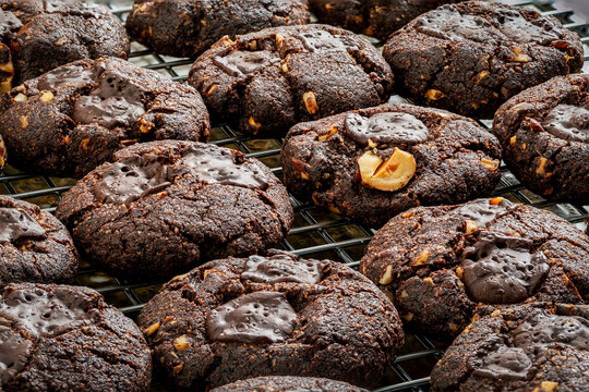 Close-up of rows of chocolate nut cookies on a cooling rack; Studio Shot