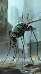 Futuristic mosquito with a hint of cybernetics, standing vigilant