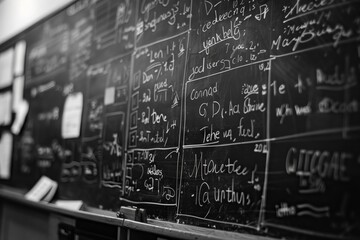 Equations and diagrams scribbled on a board, the silent language of mathematics in progress - obrazy, fototapety, plakaty