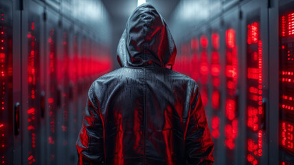 Fototapeta na wymiar Cybersecurity: Hacker in code, hoodie, on server backdrop, reflecting metaverse digital realm.generative ai