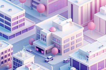 Hospital complex featuring a friendly welcoming design with rounded edges and soft colors, 3D isometric pastel