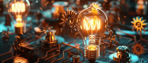 Lightbulb and gears on display, the iconic partnership of bright ideas and practical solutions - obrazy, fototapety, plakaty