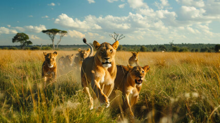 A group of lions confidently moving through the grasslands of the savanna under a clear sky.